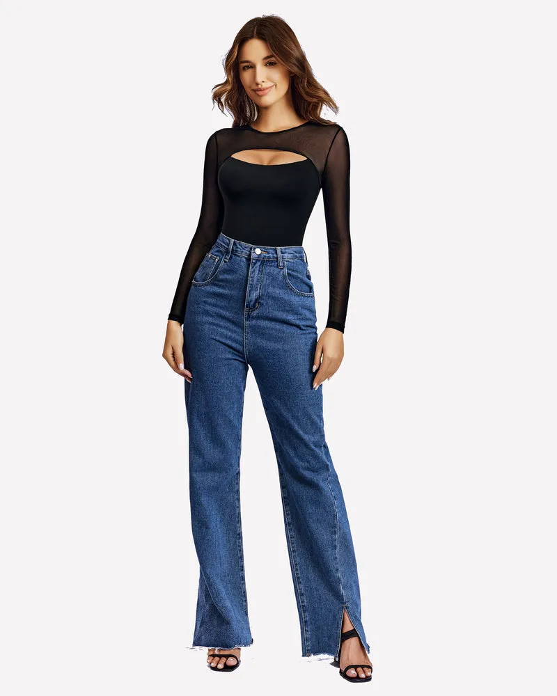 Long Sleeve Bodysuit Mesh Cutout Shirt