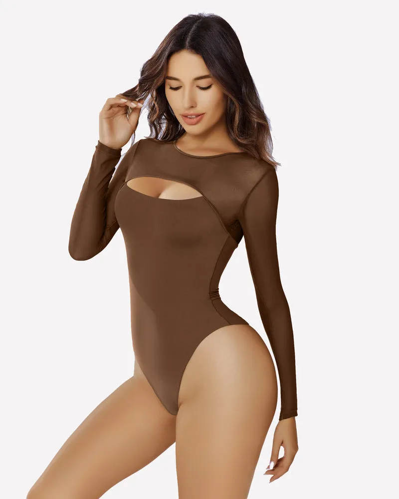 Long Sleeve Bodysuit Mesh Cutout Shirt