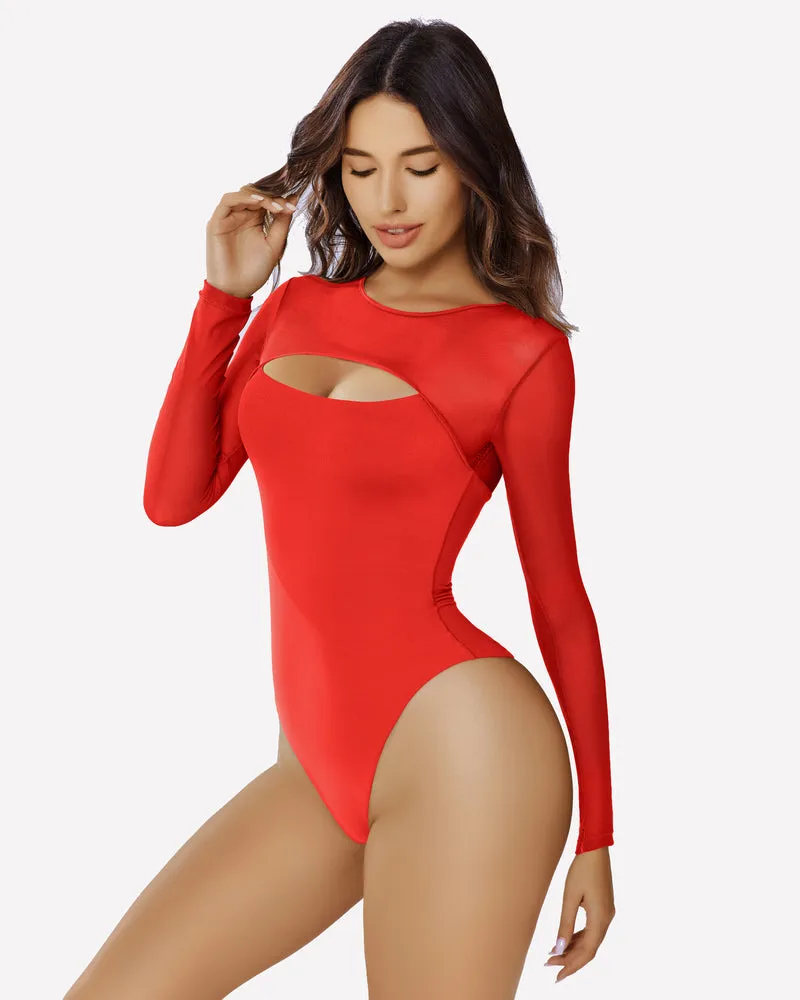 Long Sleeve Bodysuit Mesh Cutout Shirt