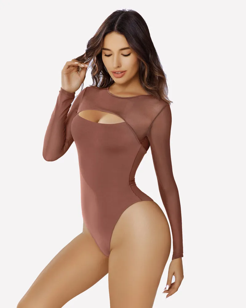 Long Sleeve Bodysuit Mesh Cutout Shirt