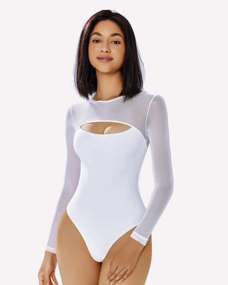 Long Sleeve Bodysuit Mesh Cutout Shirt