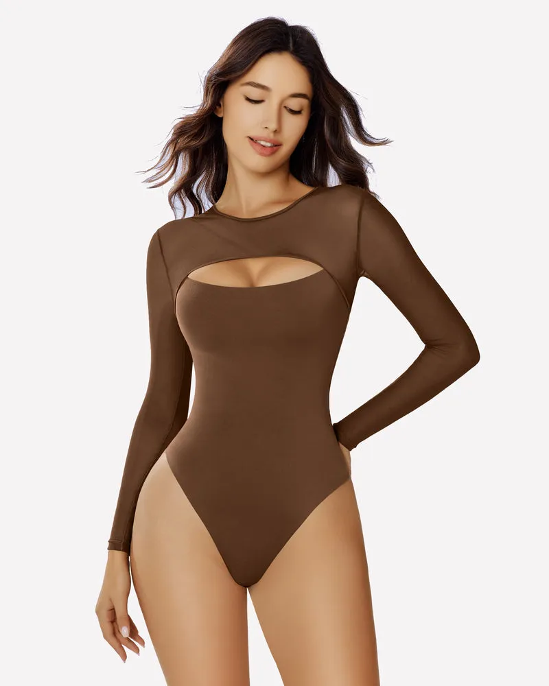 Long Sleeve Bodysuit Mesh Cutout Shirt