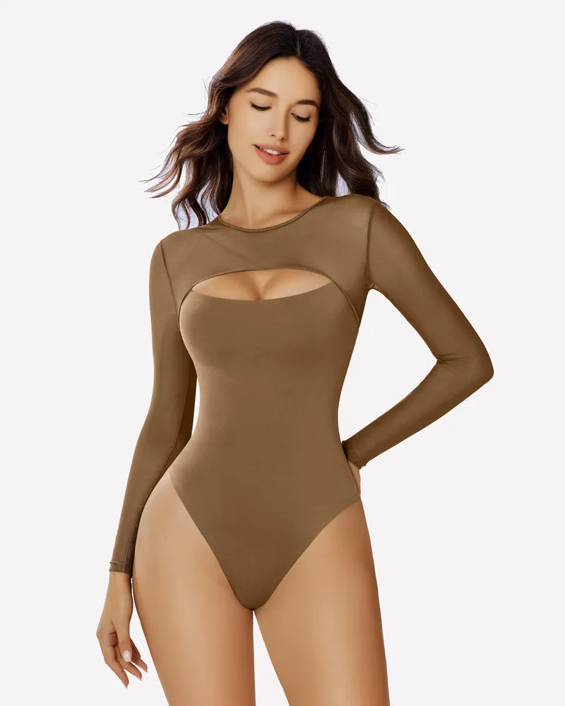 Long Sleeve Bodysuit Mesh Cutout Shirt
