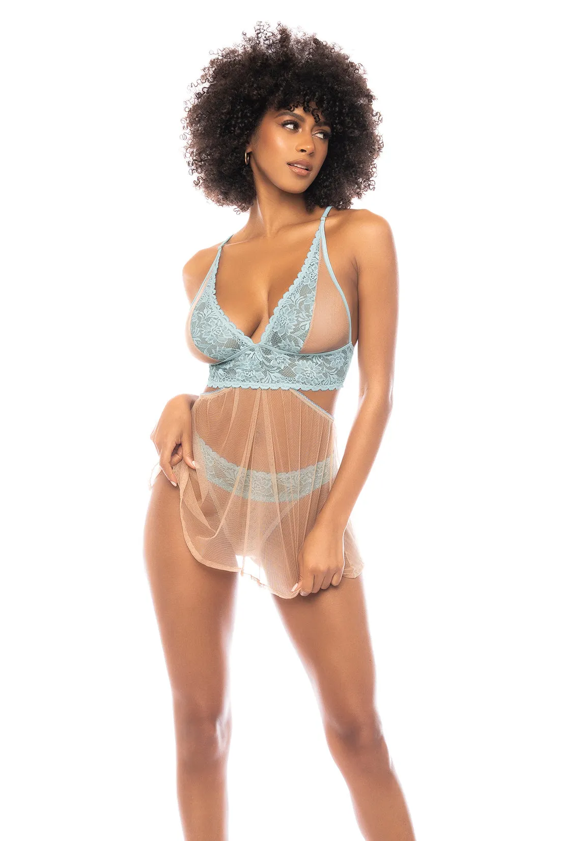 Mapale Daydream Abilene Sheer 2 in 1 Babydoll Lace Bra Set Blue