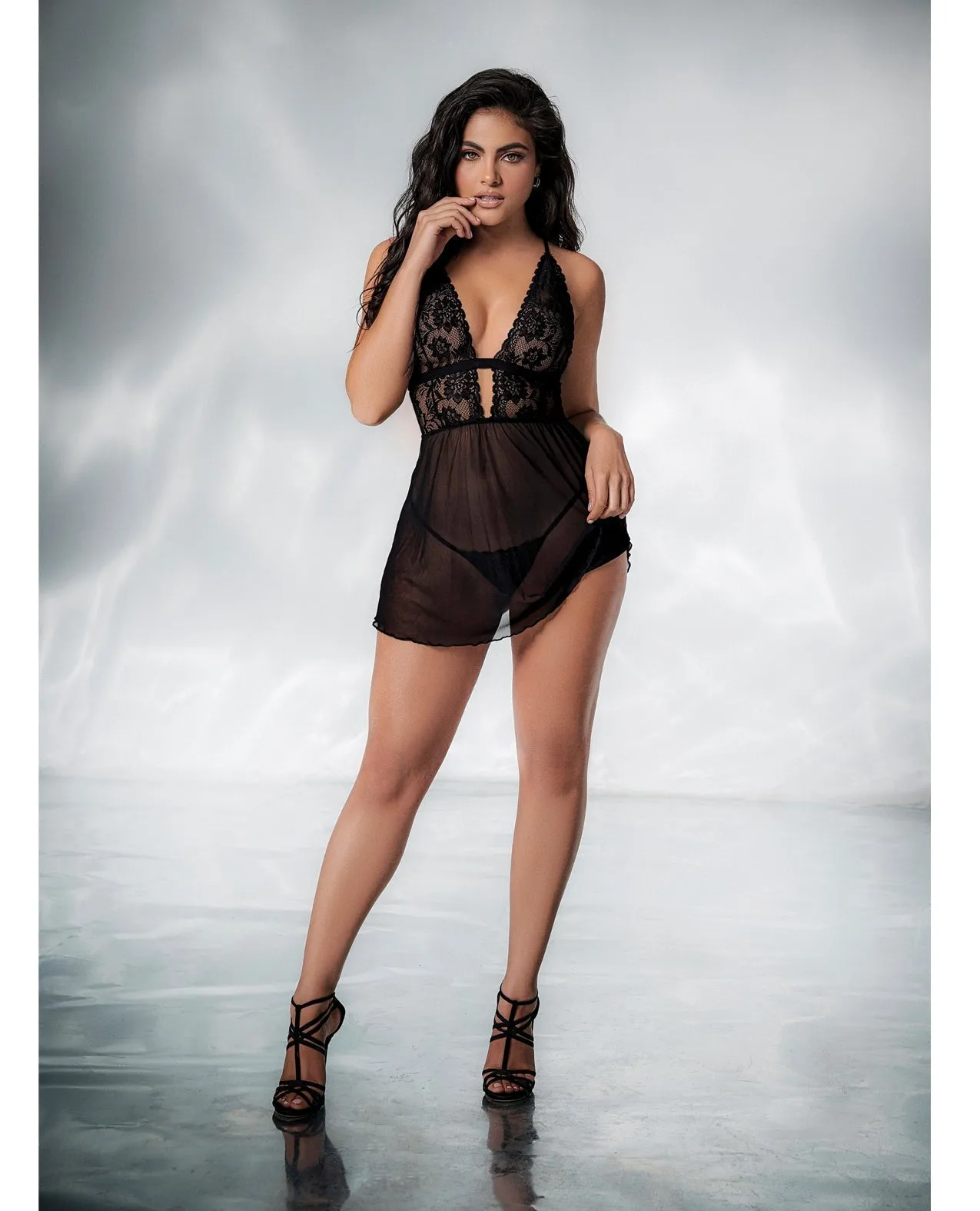 Mapale Lace & Mesh Babydoll & G-String Black