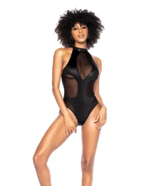Mapale Mesh & Wet Look Halter Bodysuit Black
