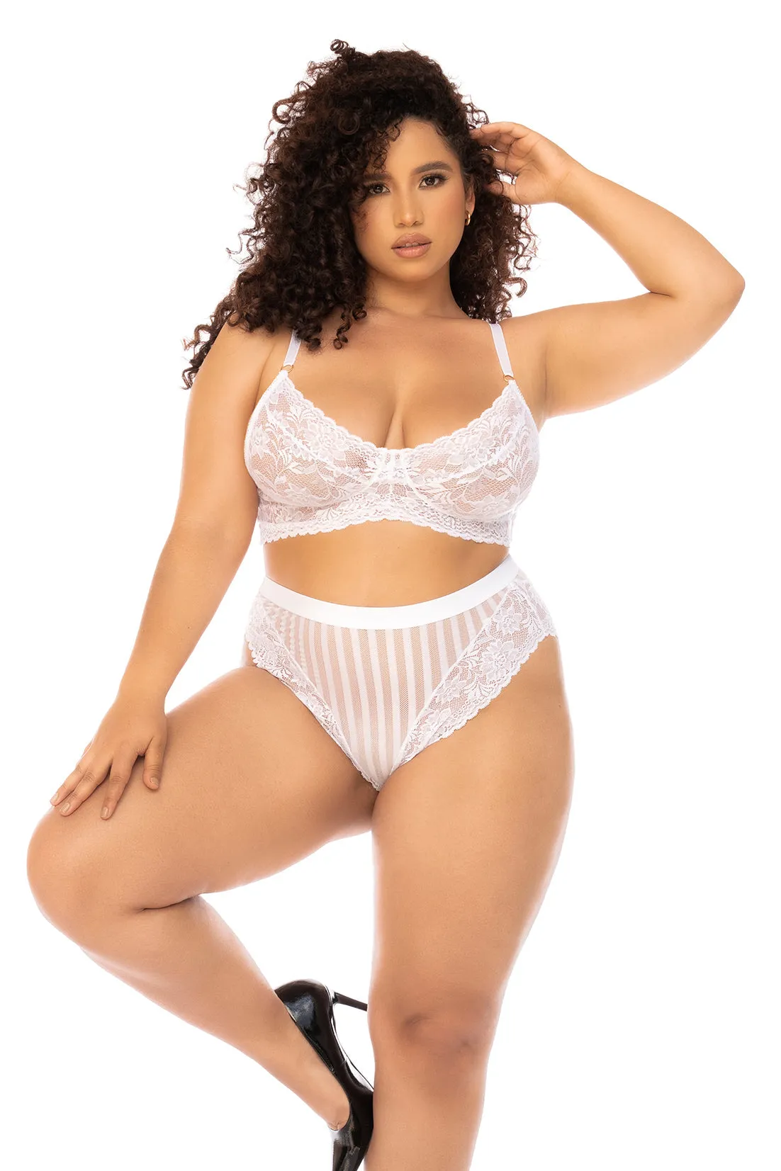 Mapale Queen Emberly Bridal Floral Lace Striped Mesh Bra Set White