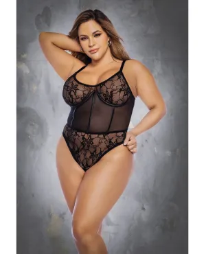Mapale Queen Floral Lace & Mesh Underwire Bodysuit w/Lace Up Back