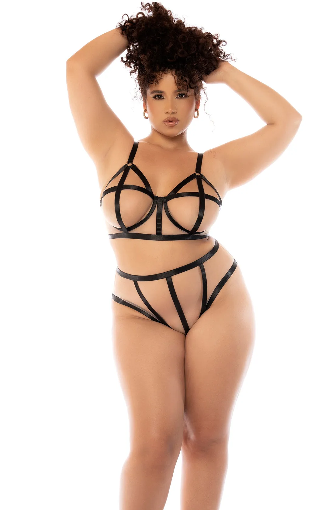 Mapale Queen Havana Sheer Mesh Illusion Caged Bra Set Nude/Black