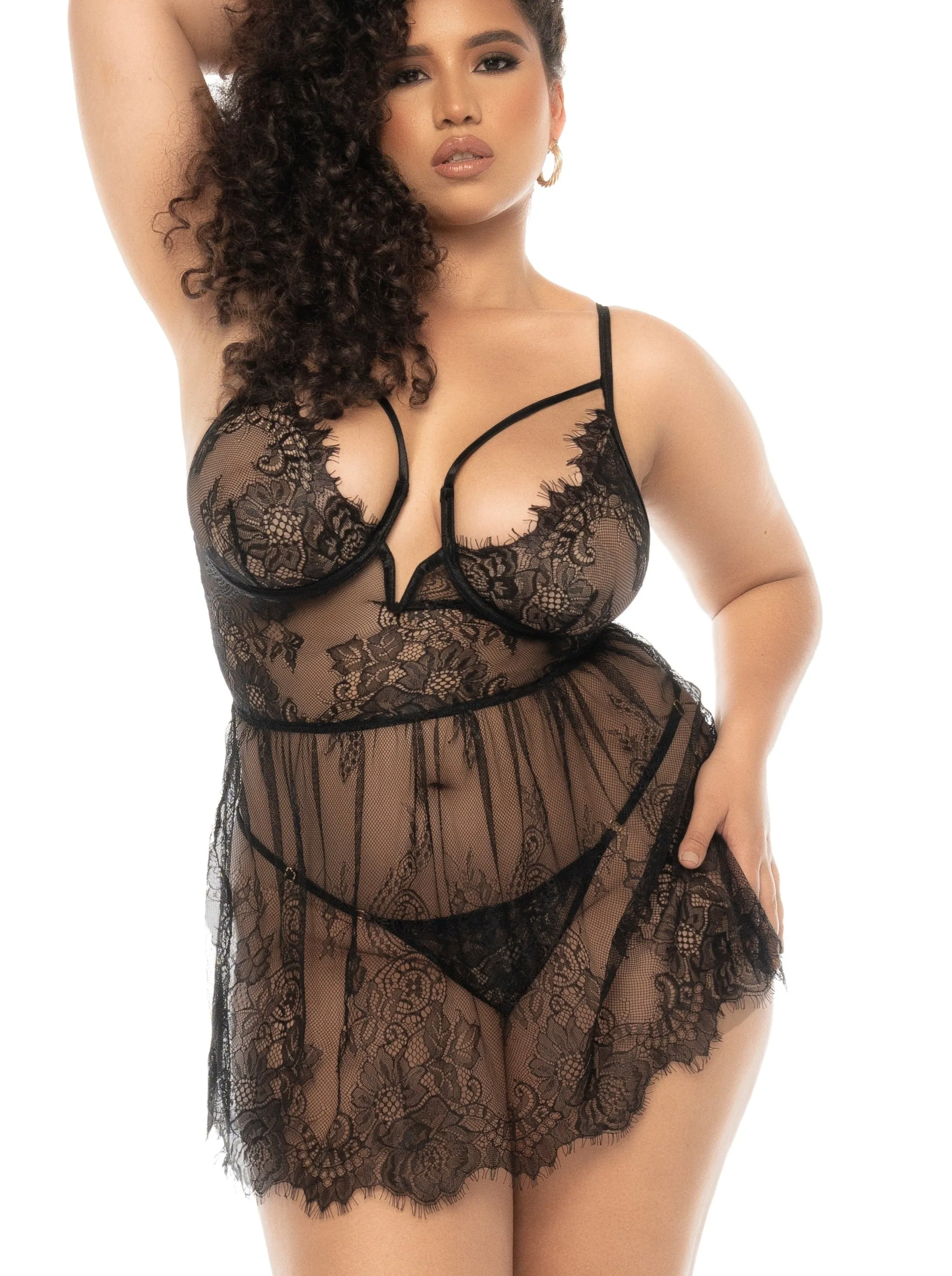 Mapale Queen Selma Eyelash Lace Underwire Strappy Cups Babydoll Black