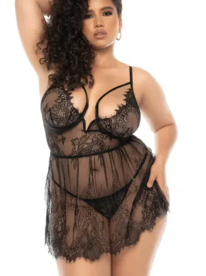 Mapale Queen Selma Eyelash Lace Underwire Strappy Cups Babydoll Black