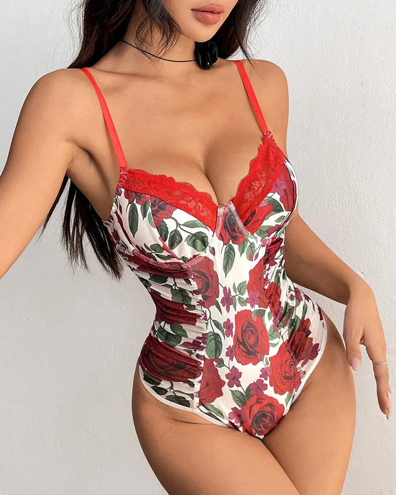Mesh Floral Pattern Pleated Bodysuit