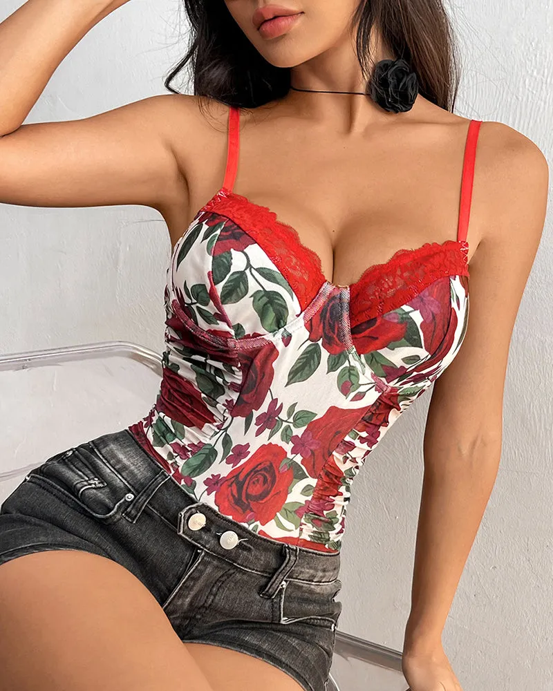 Mesh Floral Pattern Pleated Bodysuit