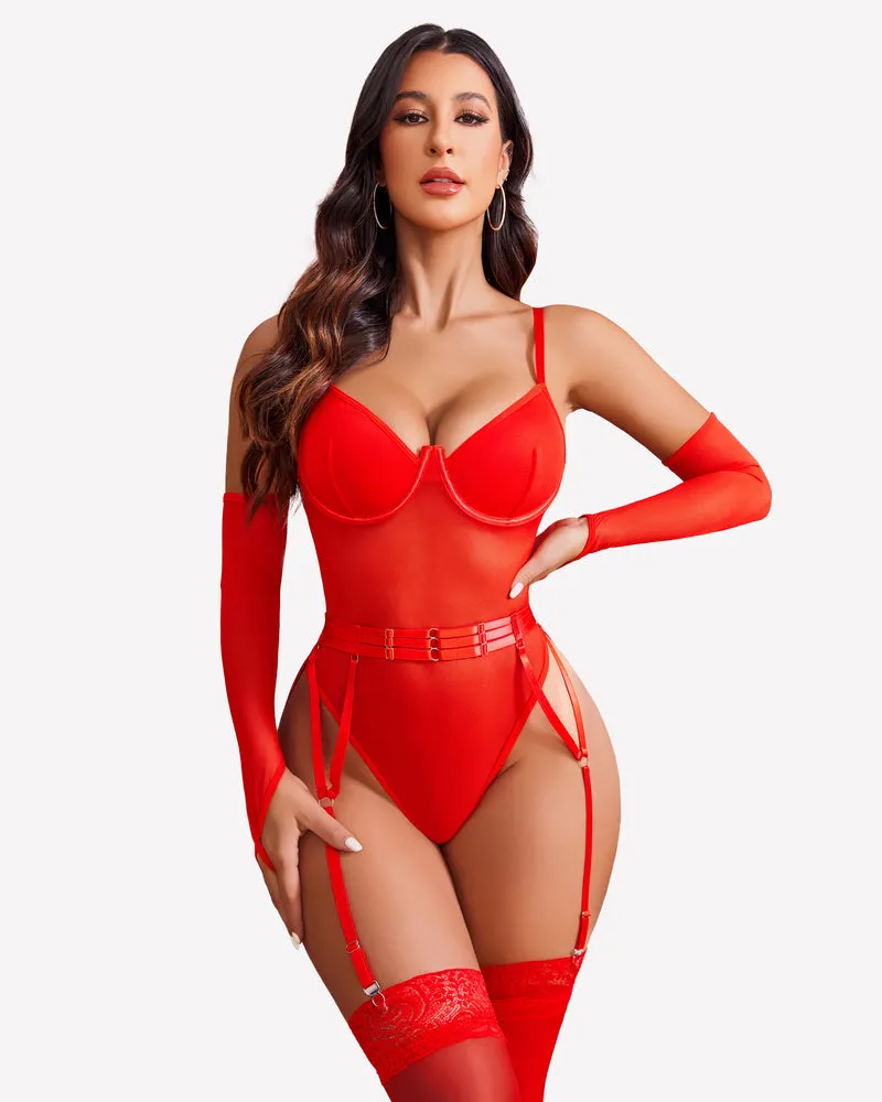 Mesh Garter Teddy with 1 Pair Oversleeves