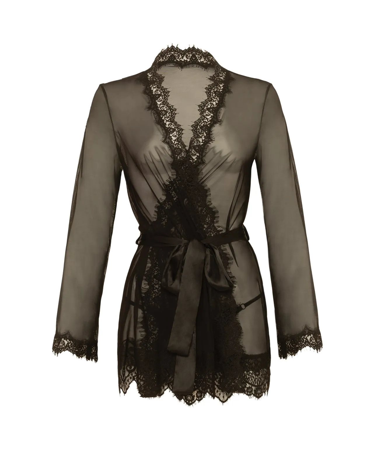 Oh la la Cheri Eyelash Lace Sheer Mesh Provence Short Robe Black