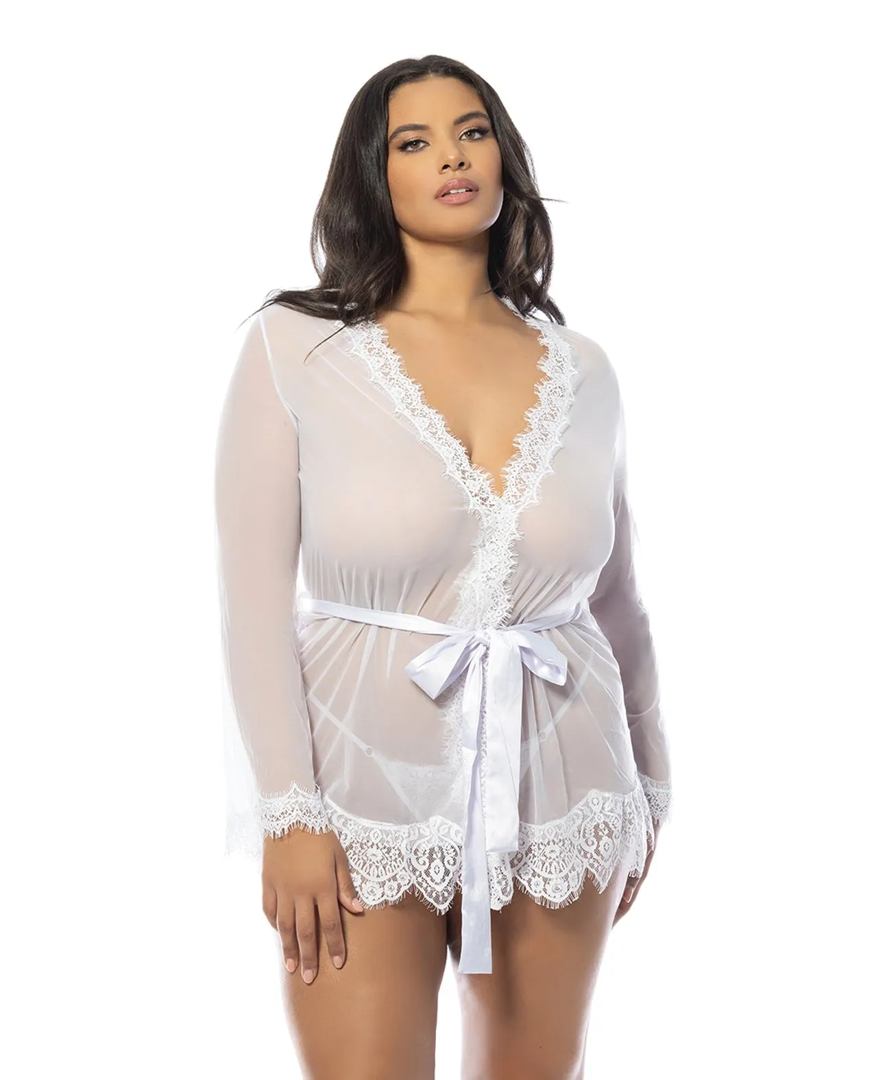Oh la la Cheri Queen Eyelash Lace Sheer Mesh Provence Short Robe White
