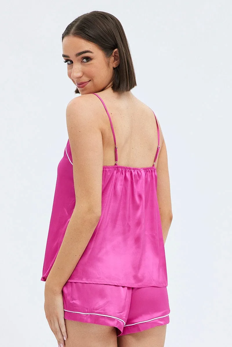 Pink Cami PJ Contrast Piping Satin Pyjama Set