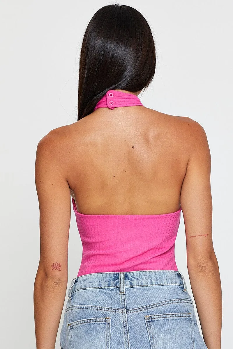 Pink Jersey Bodysuit Halter Neck