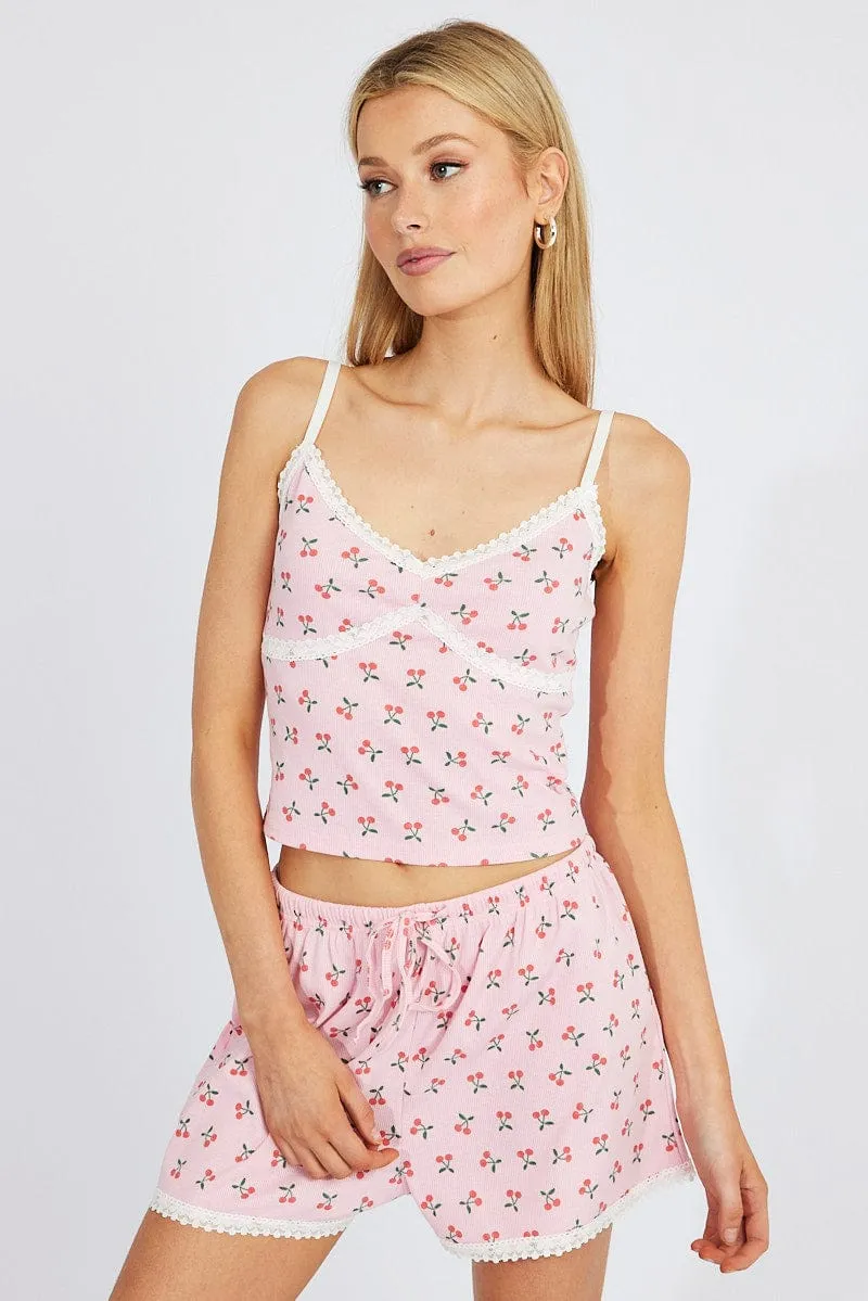 Pink Print Cherry Pyjama Set Lace Trim Cami 2 Piece PJ Set