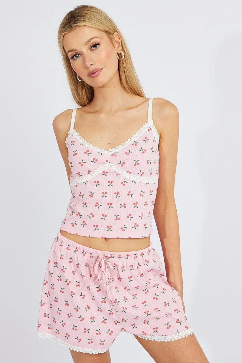 Pink Print Cherry Pyjama Set Lace Trim Cami 2 Piece PJ Set