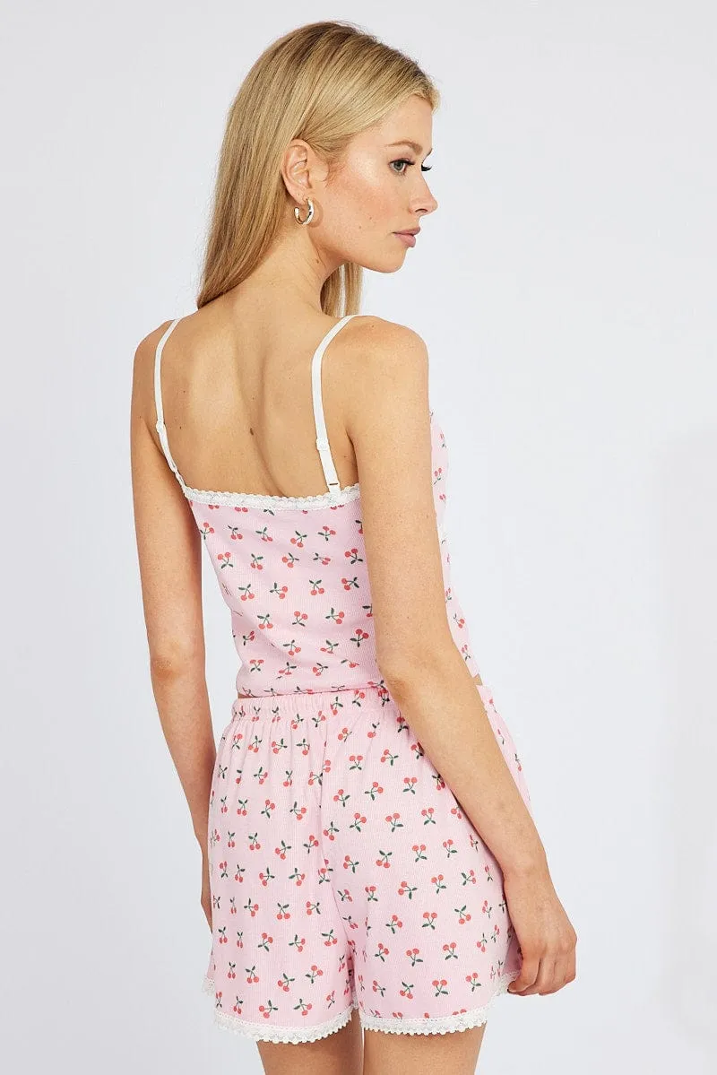 Pink Print Cherry Pyjama Set Lace Trim Cami 2 Piece PJ Set