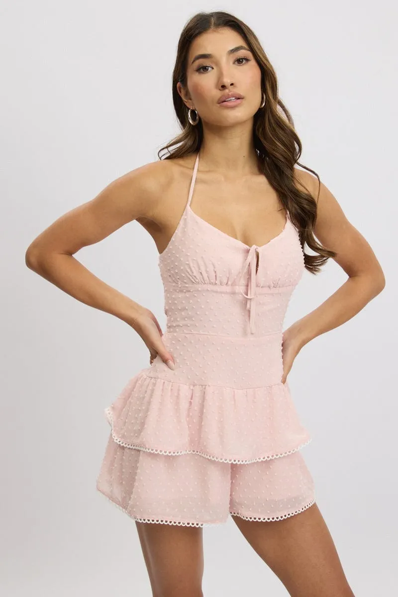 Pink Ruffle Playsuit Lace Trim