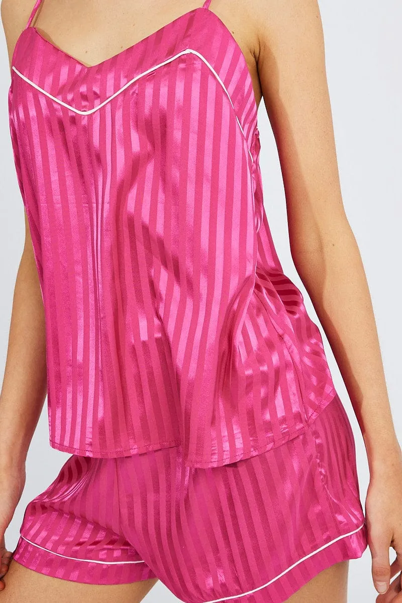 Pink Stripe Cami Set Pyjama Contrast Piping Satin PJ Set