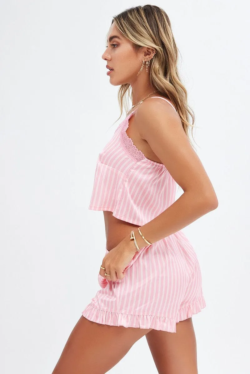 Pink Stripe Satin Pj Set Stripe Lace Trim Cami Pyjama Set