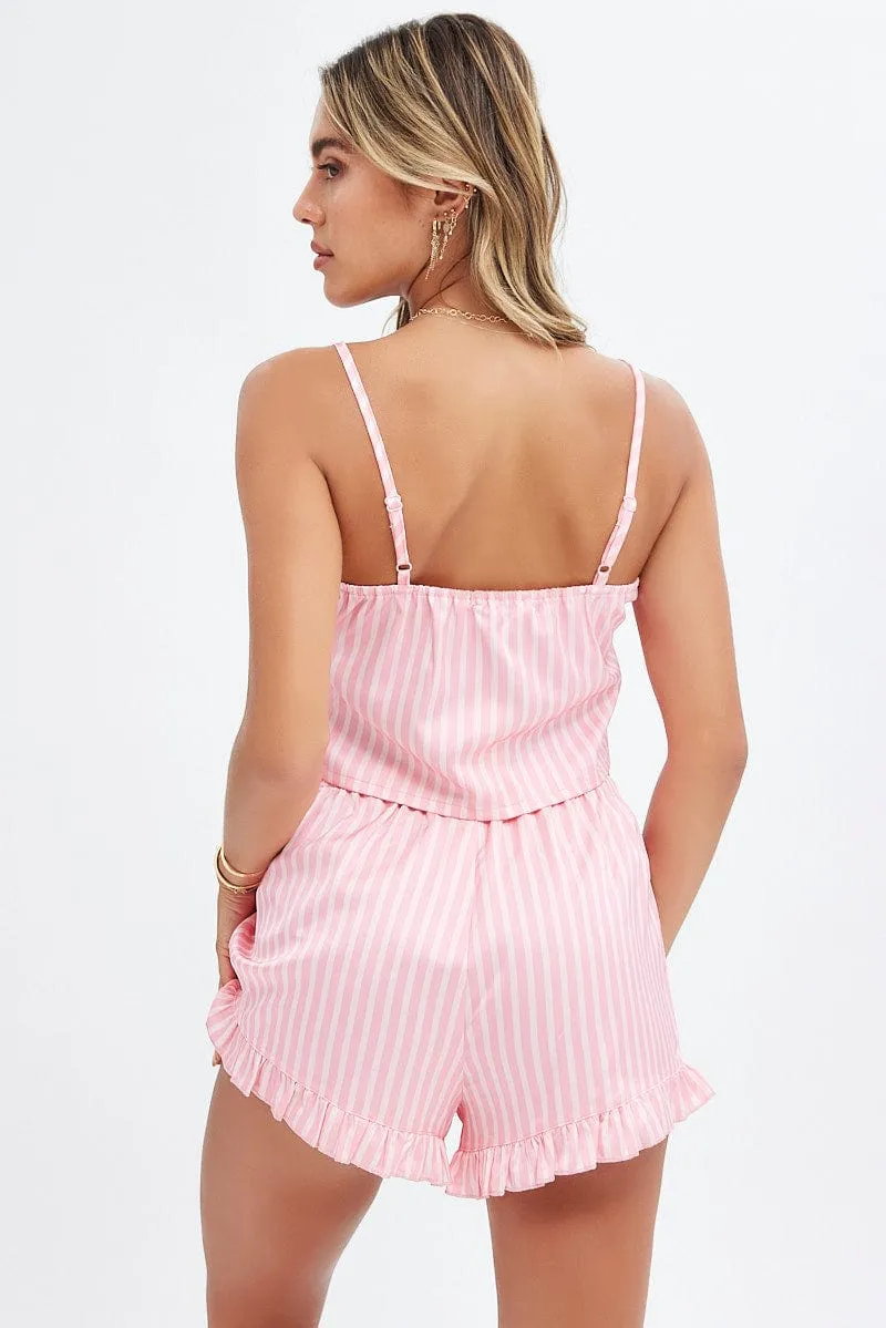 Pink Stripe Satin Pj Set Stripe Lace Trim Cami Pyjama Set