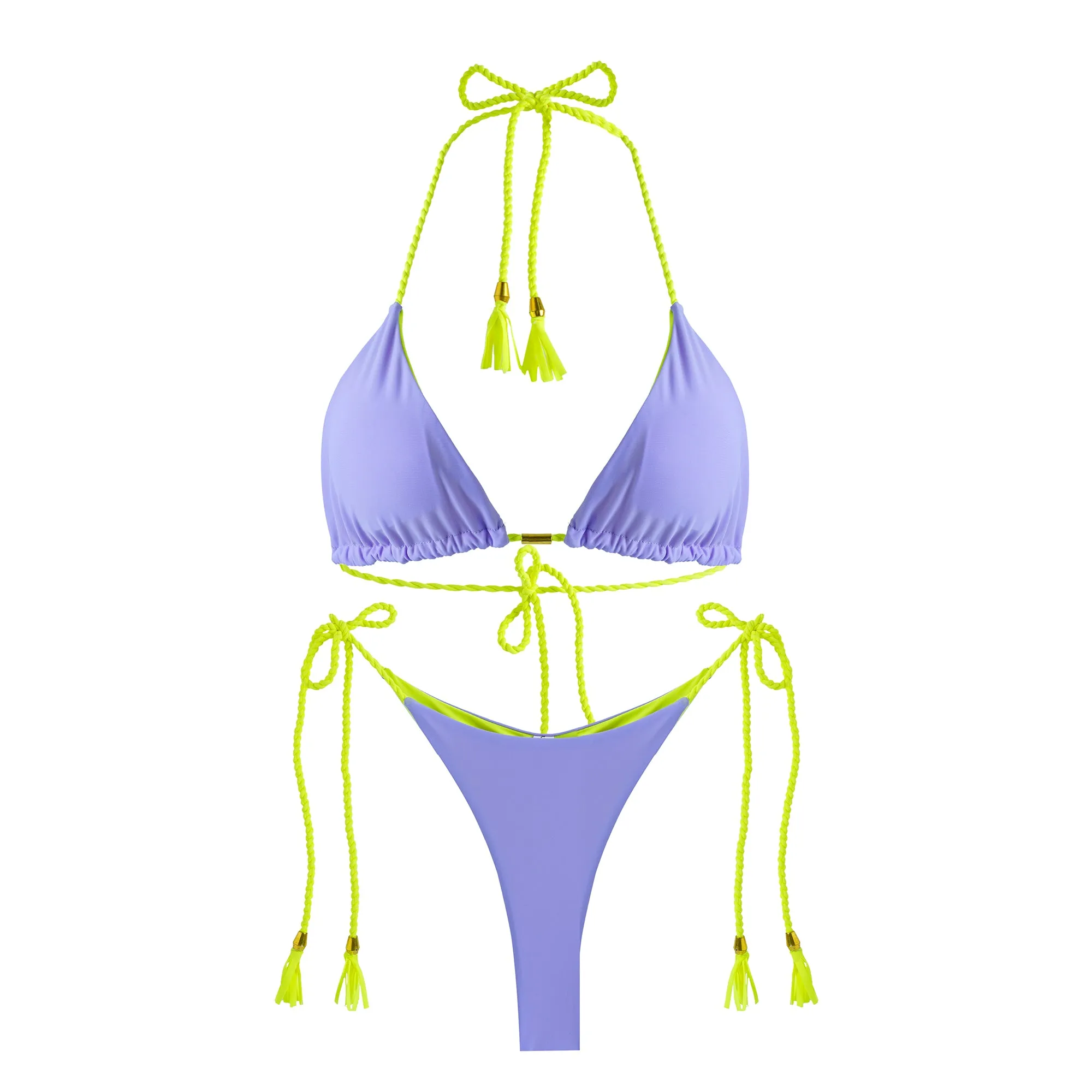 Purpld And Yellow  Swivel Strip U-shaped High Waist Bikini Sexy Swimsuit