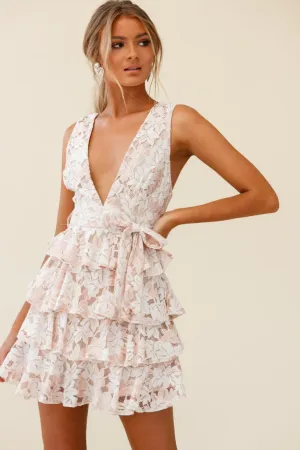 Queensland Tiered Frill Waist Tie Lace Dress Nude