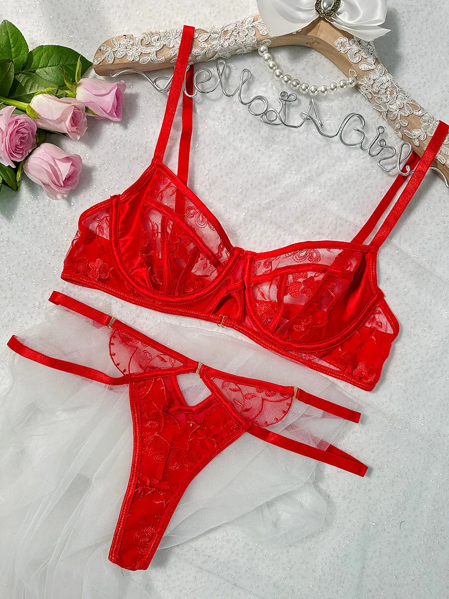 Red Floral Embroidery Lingerie Set