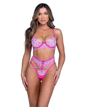 Roma Confidential Sultry Siren Rivage Satin Lace Pearl Bra Set Pink