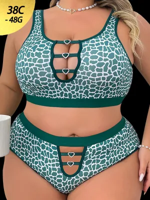 Sexy Hollow Out Green Leopard Print Wireless Lingerie Set