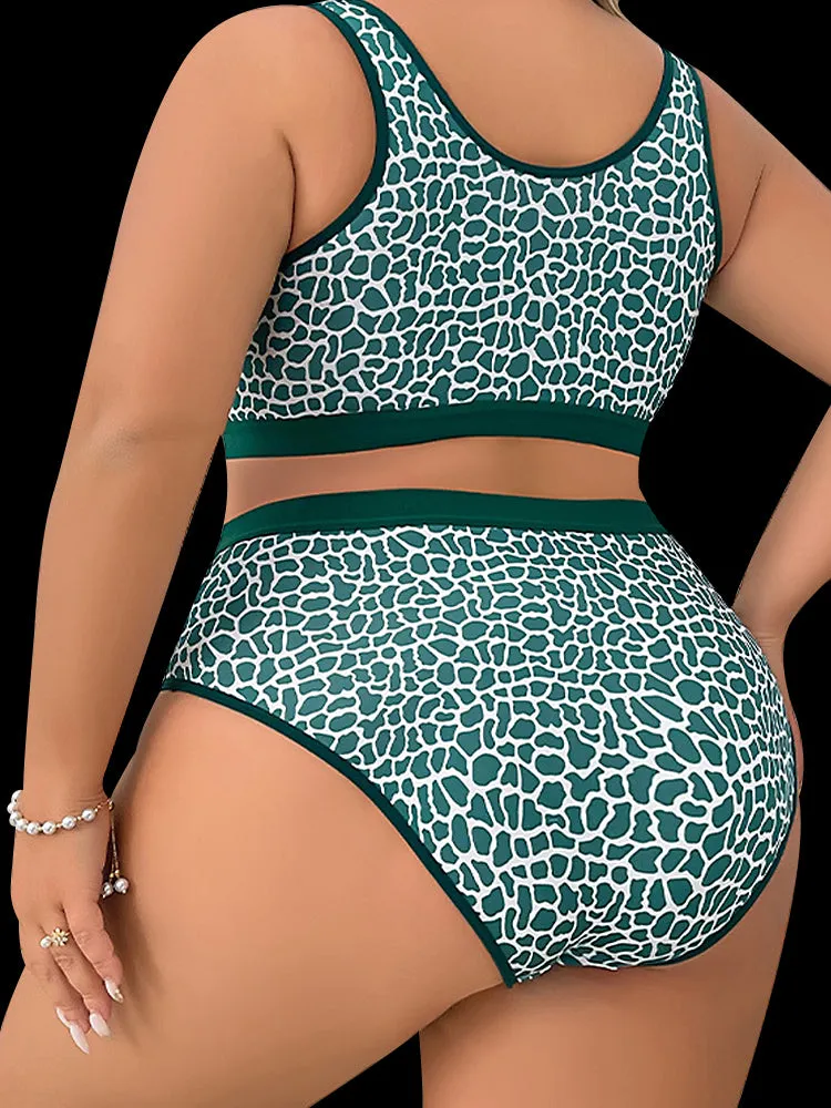 Sexy Hollow Out Green Leopard Print Wireless Lingerie Set