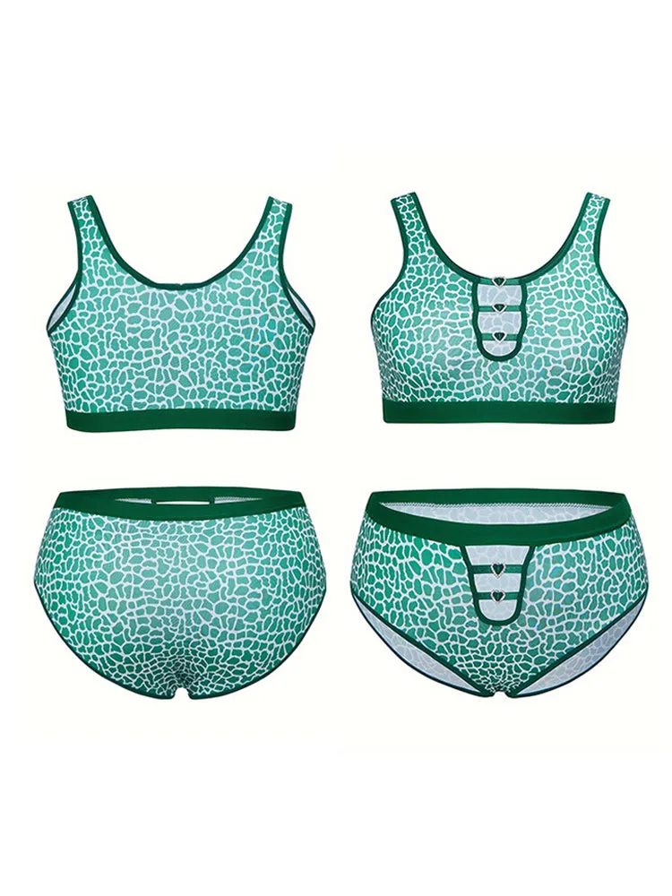 Sexy Hollow Out Green Leopard Print Wireless Lingerie Set