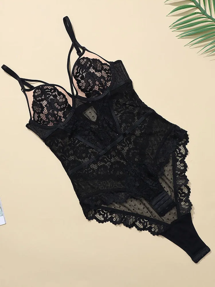 Sexy Lingerie Women V-Neck Lace Bodysuit with Underwire