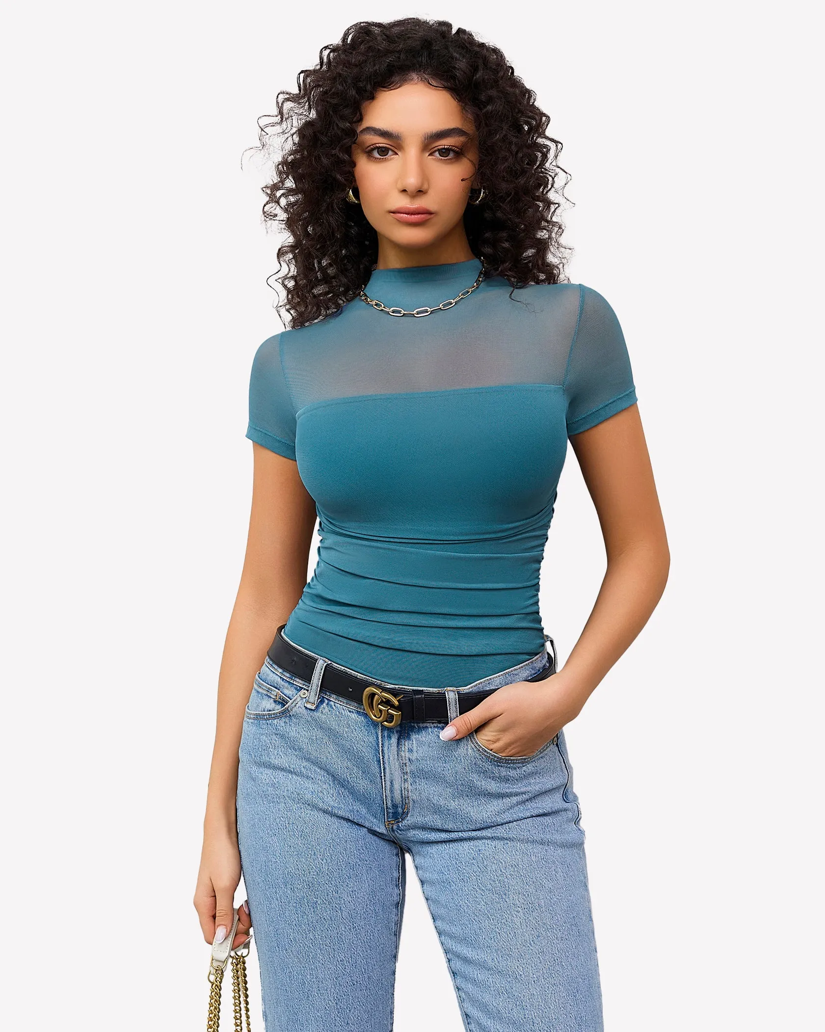 Short Sleeve Bodysuit Turtle Neck Mesh Tops