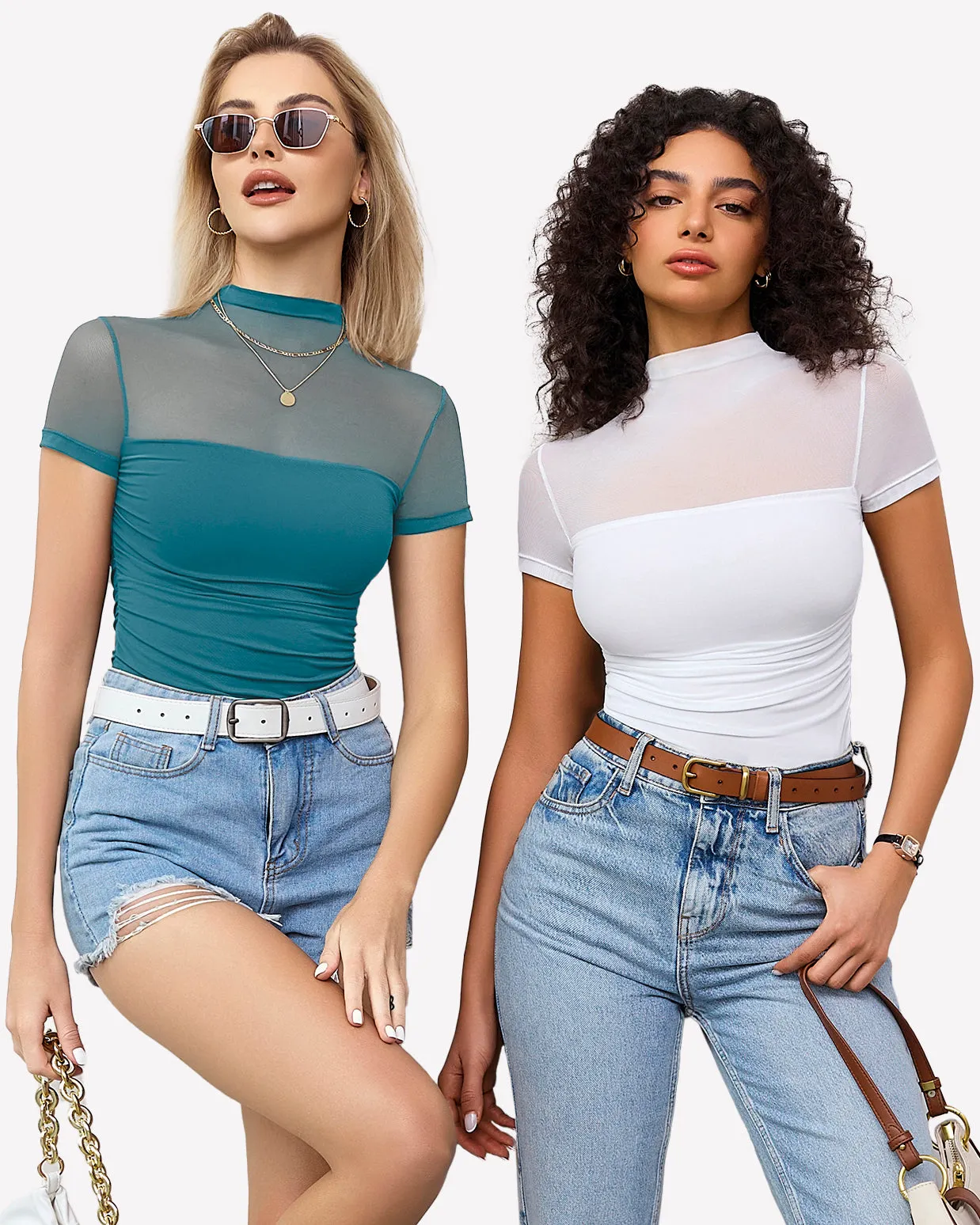 Short Sleeve Bodysuit Turtle Neck Mesh Tops