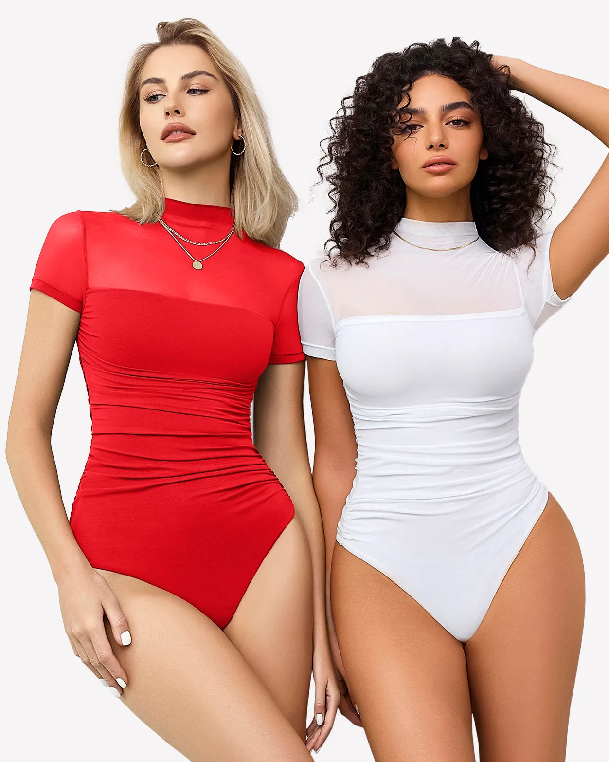 Short Sleeve Bodysuit Turtle Neck Mesh Tops