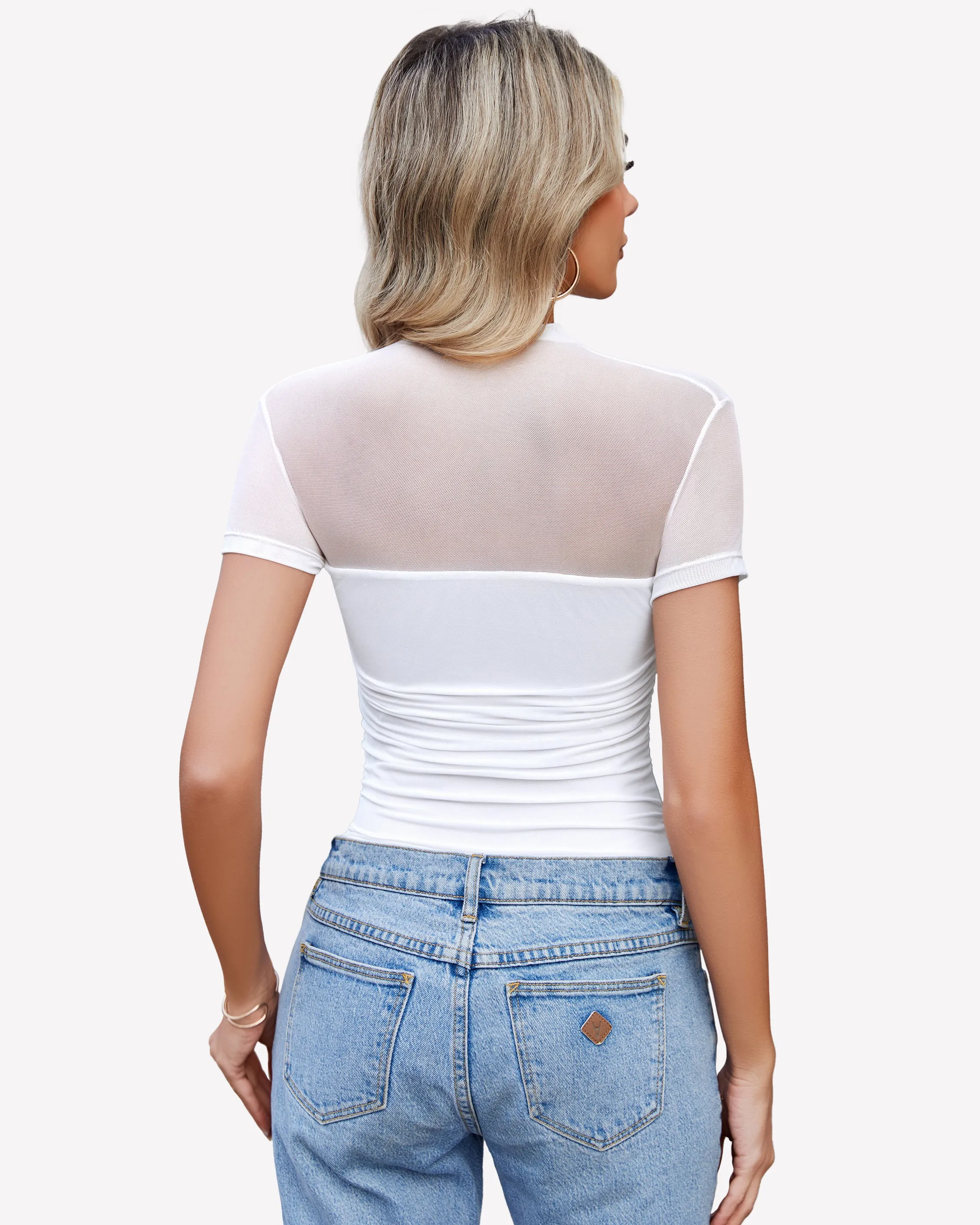 Short Sleeve Bodysuit Turtle Neck Mesh Tops