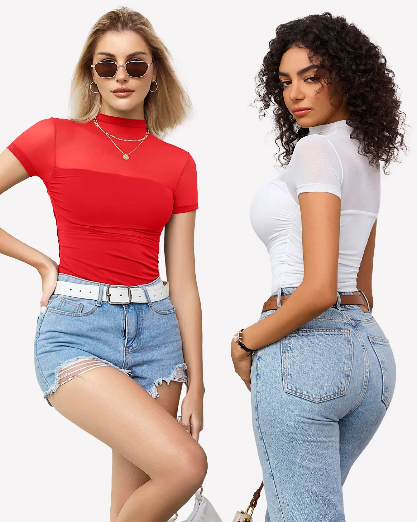 Short Sleeve Bodysuit Turtle Neck Mesh Tops
