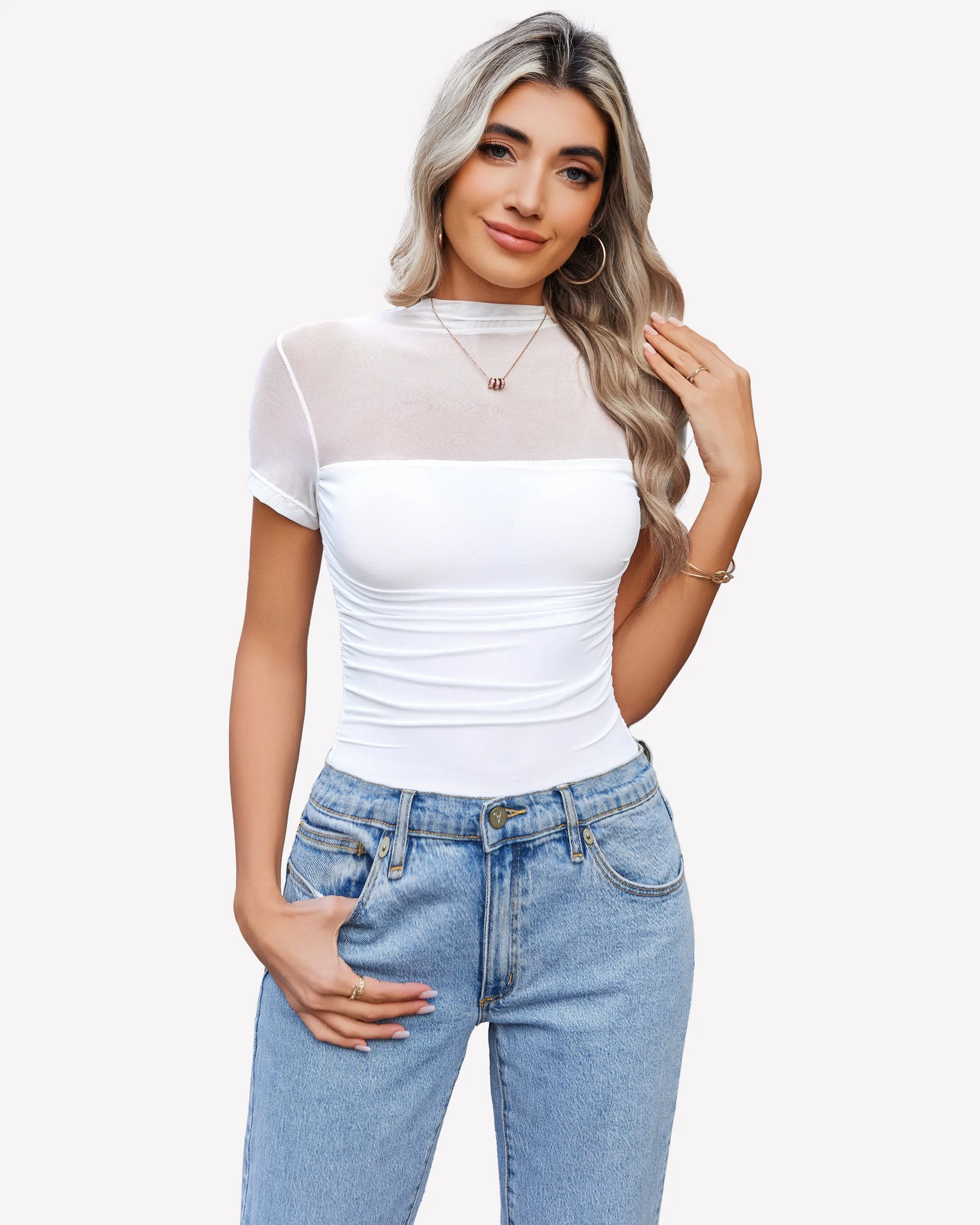 Short Sleeve Bodysuit Turtle Neck Mesh Tops