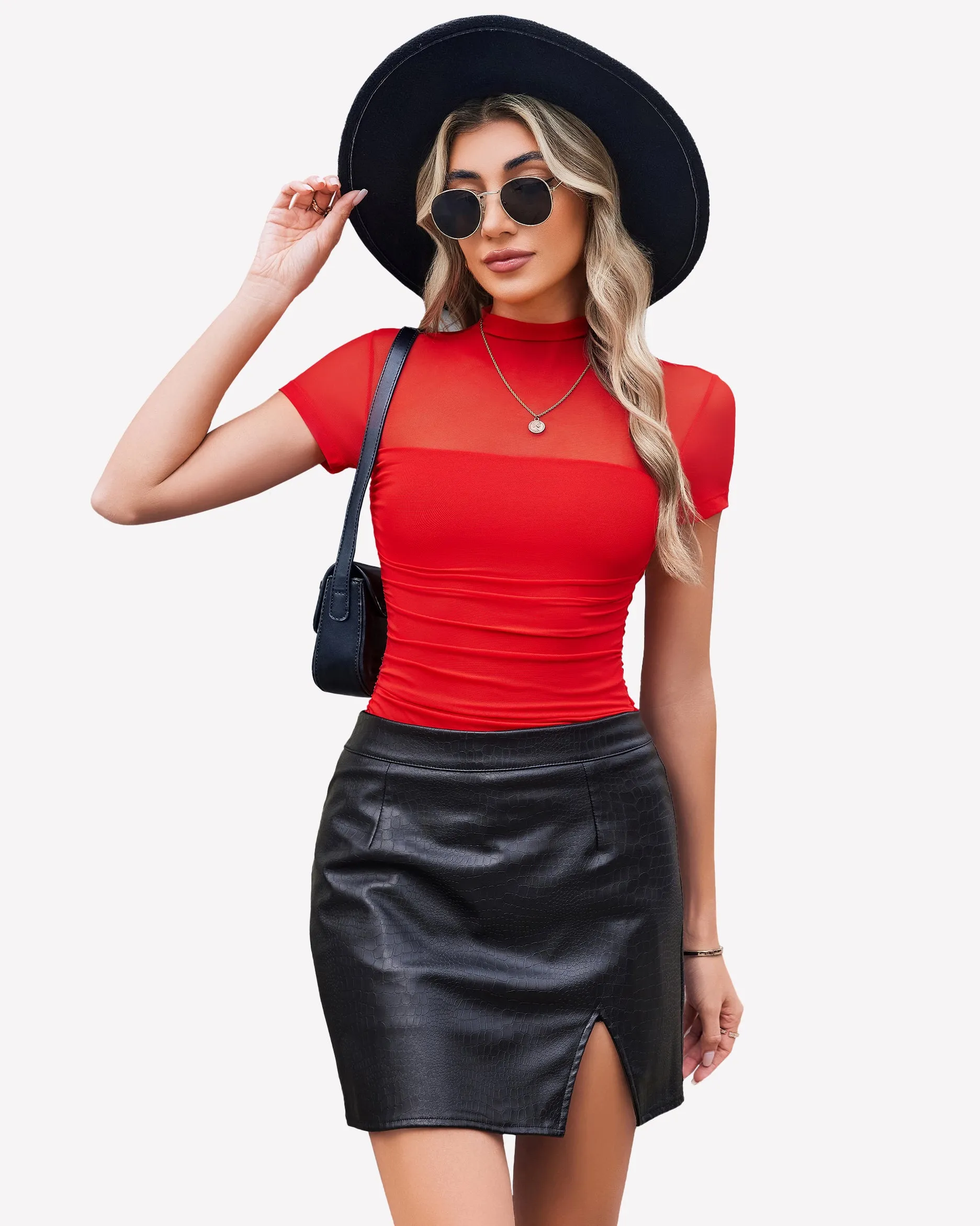 Short Sleeve Bodysuit Turtle Neck Mesh Tops