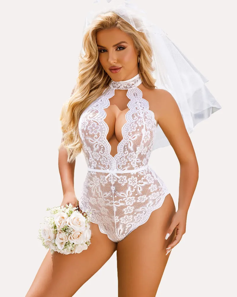 Snap Crotch Lace Deep V Teddy