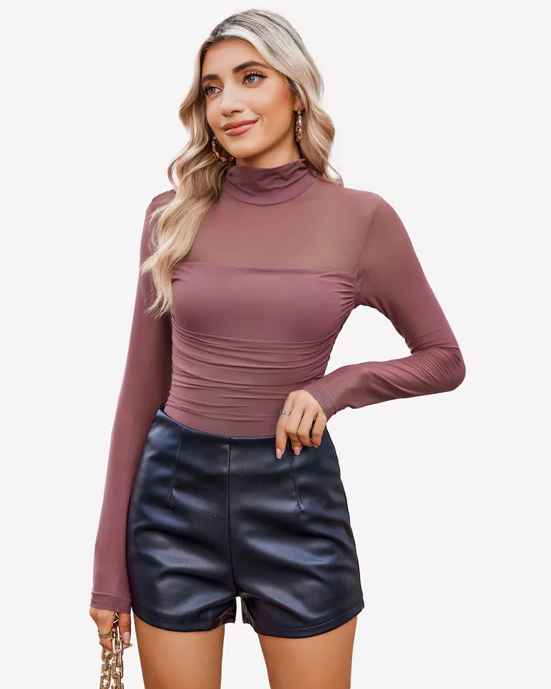 Turtle Neck Body Suits Mesh Leotard Shirt