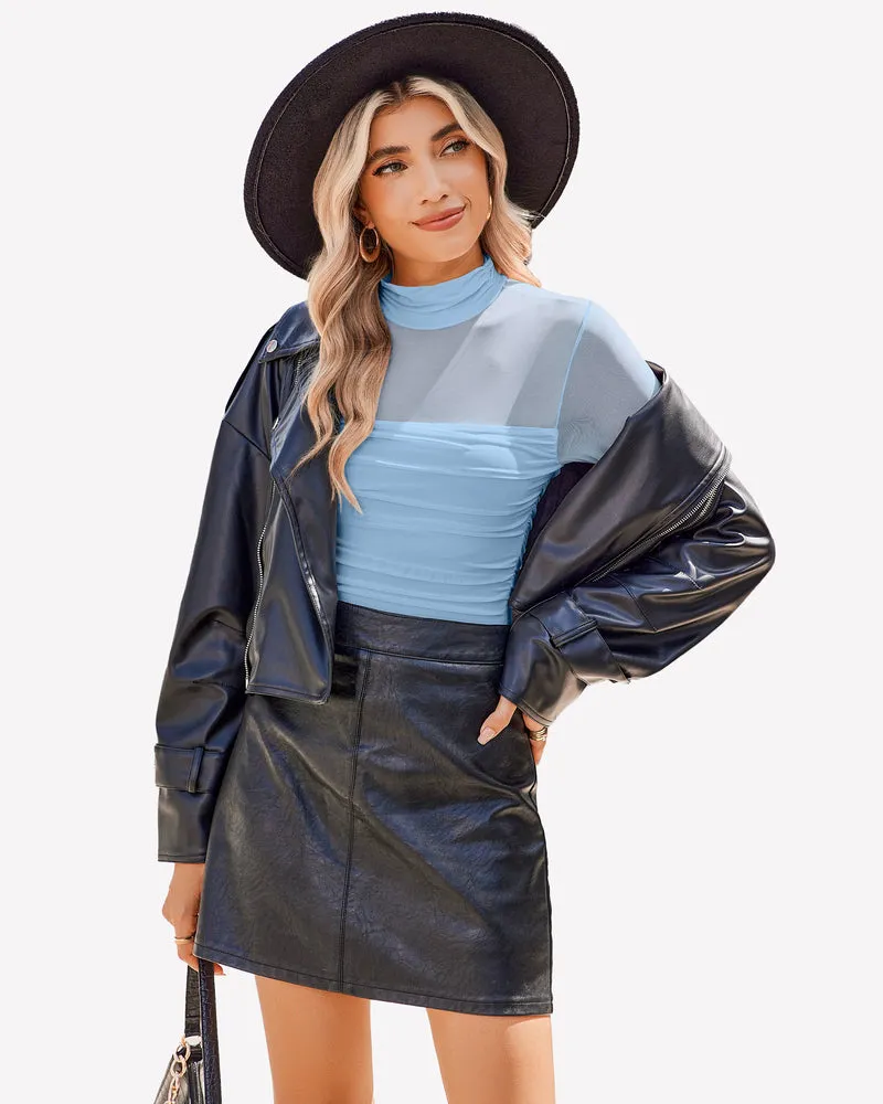 Turtle Neck Body Suits Mesh Leotard Shirt