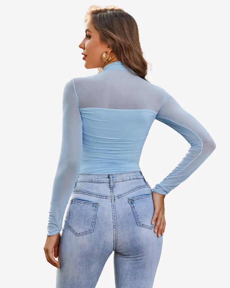 Turtle Neck Body Suits Mesh Leotard Shirt