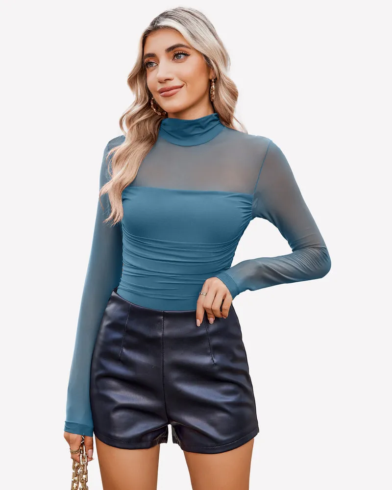 Turtle Neck Body Suits Mesh Leotard Shirt