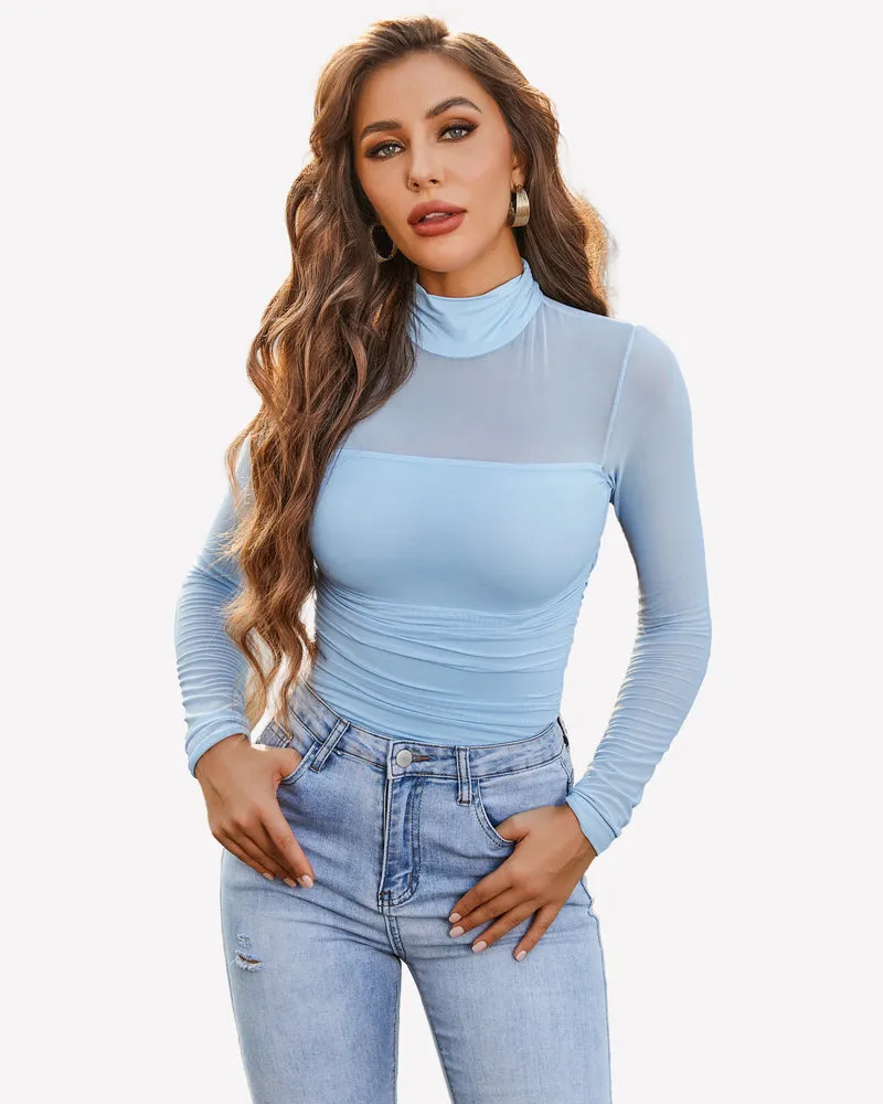 Turtle Neck Body Suits Mesh Leotard Shirt